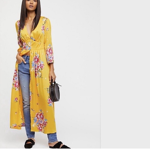 Free People Alexa yellow floral duster jacket in maxi length size XS - Picture 1 of 10
